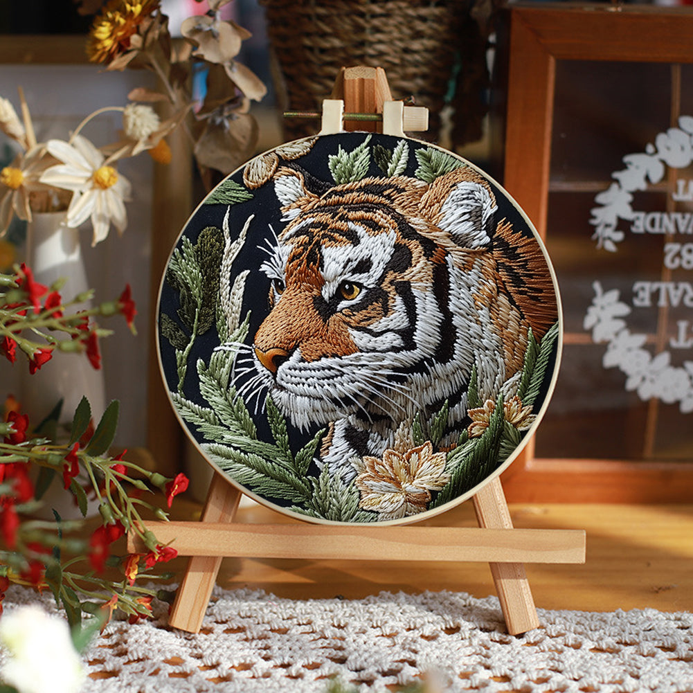 Profile Tiger - DIY Embroidery Cross Stitch Kit with Pattern Cotton Threads Needles Hoop 30x30CM/11.81x11.81in