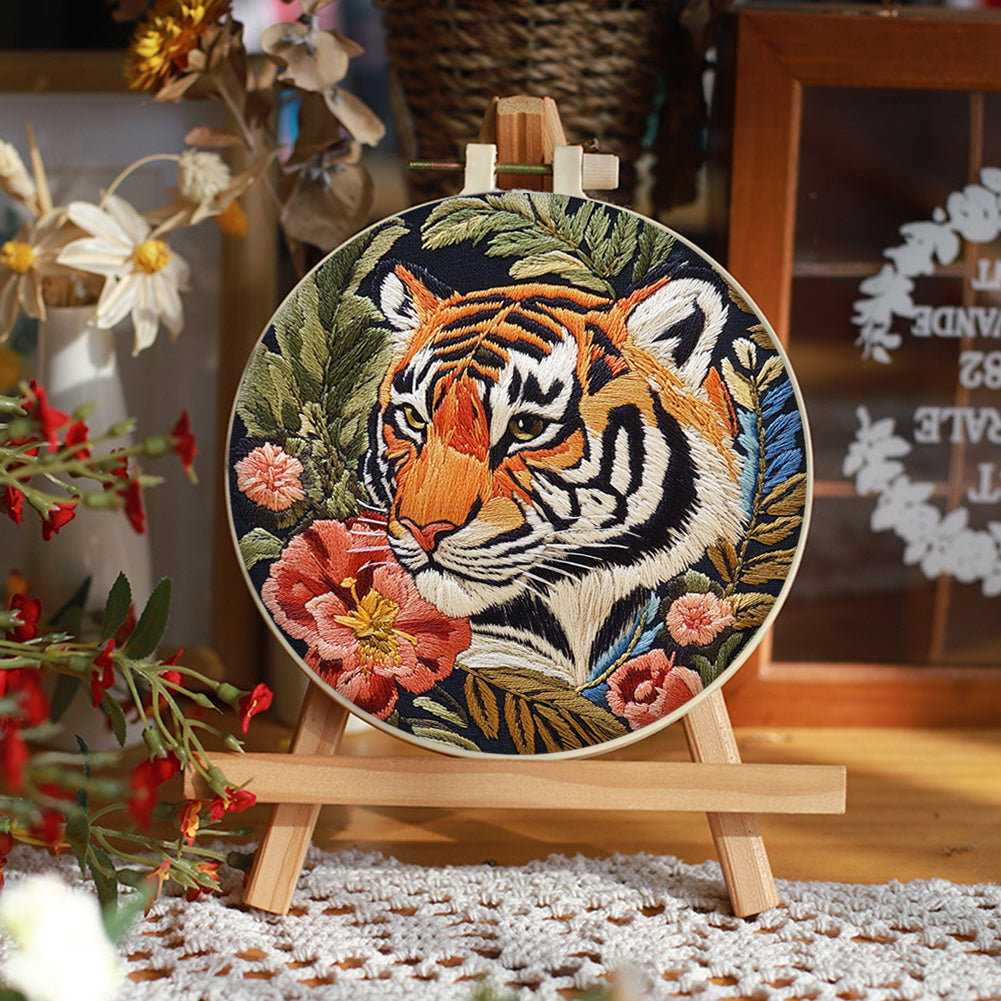 Red Flower Tiger - DIY Embroidery Cross Stitch Kit with Pattern Cotton Threads Needles Hoop 30x30CM/11.81x11.81in