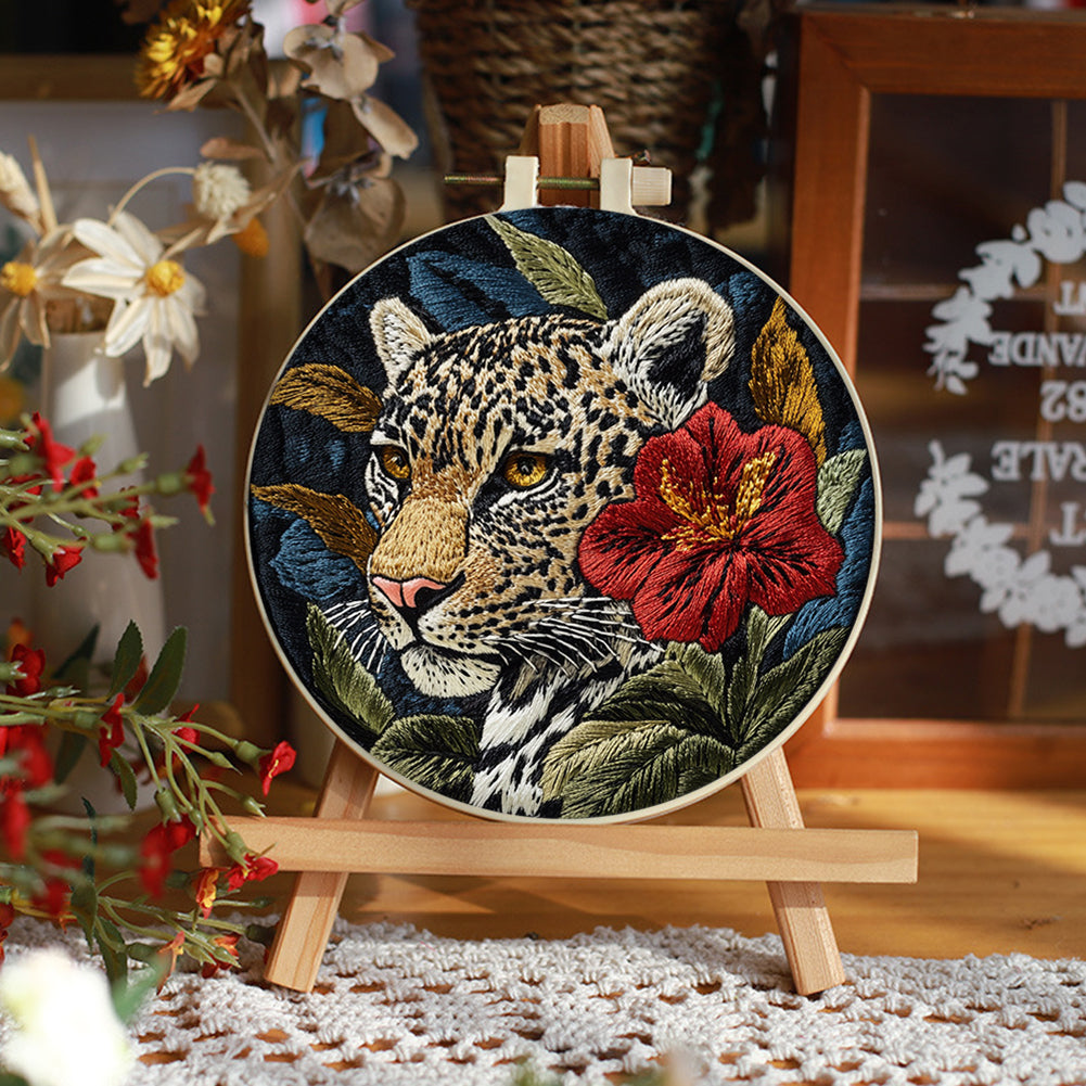 Red Flower Leopard - DIY Embroidery Cross Stitch Kit with Pattern Cotton Threads Needles Hoop 30x30CM/11.81x11.81in