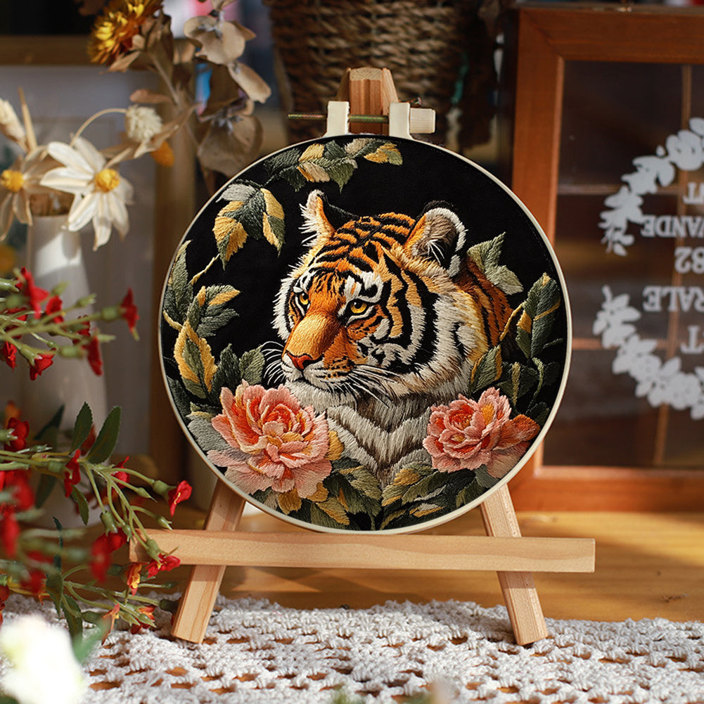 Tiger & Peony - DIY Embroidery Cross Stitch Kit with Pattern Cotton Threads Needles Hoop 30x30CM/11.81x11.81in