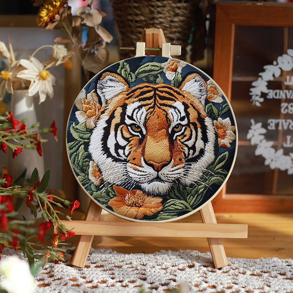 Front Tiger Head - DIY Embroidery Cross Stitch Kit with Pattern Cotton Threads Needles Hoop 30x30CM/11.81x11.81in