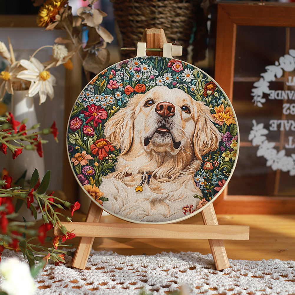 White Dog Head - DIY Embroidery Cross Stitch Kit with Pattern Cotton Threads Needles Hoop 30x30CM/11.81x11.81in