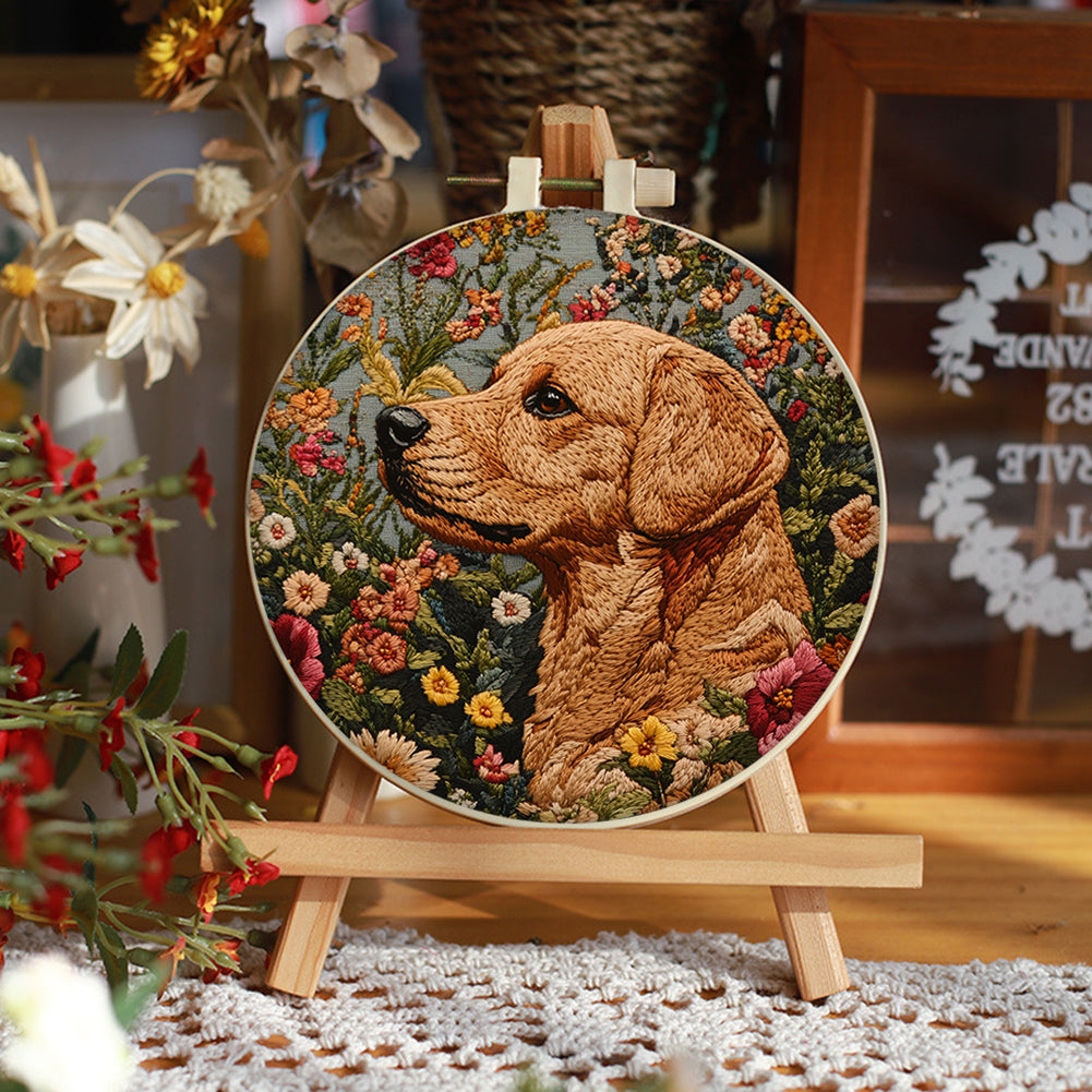Dog Head & Flowers - DIY Embroidery Cross Stitch Kit with Pattern Cotton Threads Needles Hoop 30x30CM/11.81x11.81in