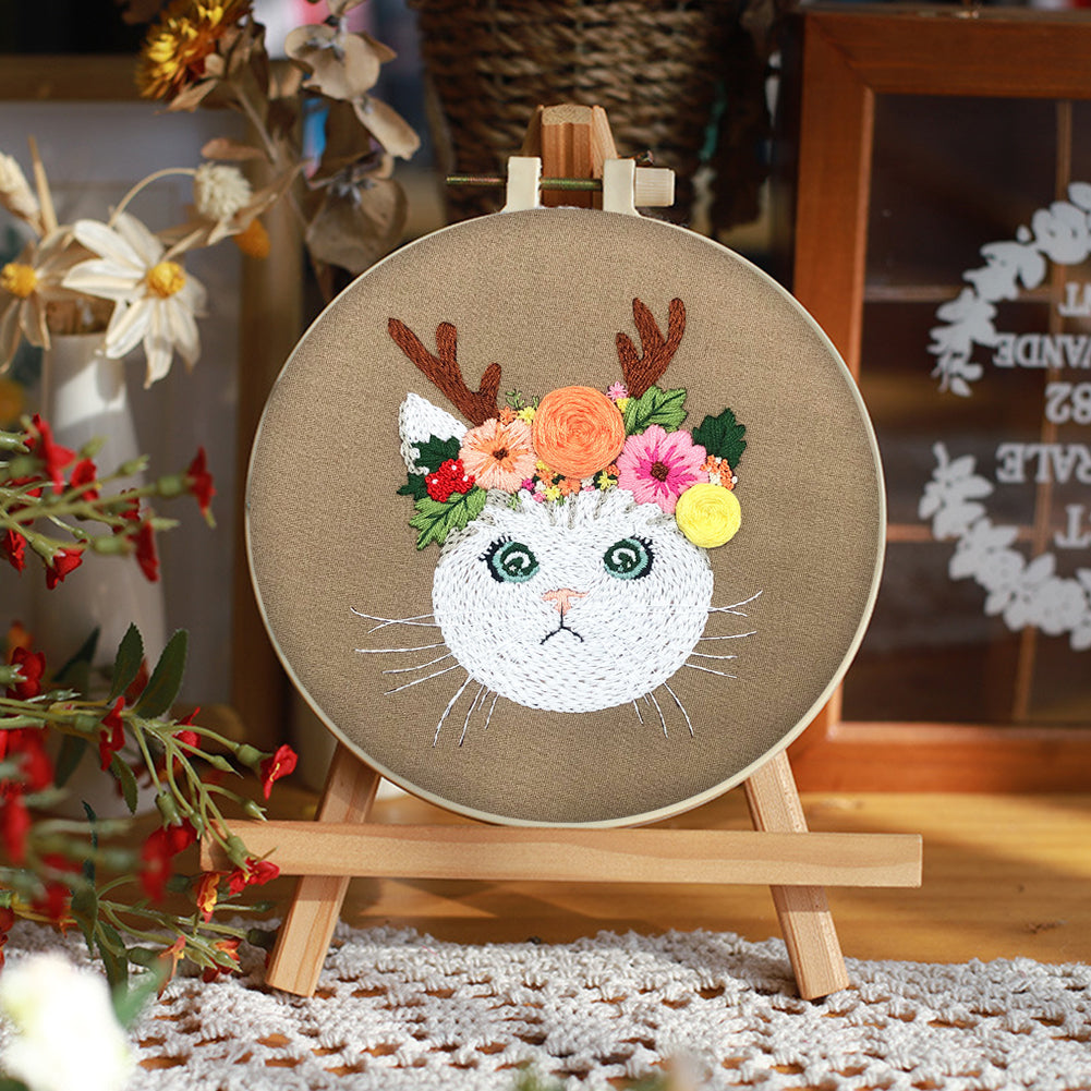 Cat With Antlers - DIY Embroidery Cross Stitch Kit with Pattern Cotton Threads Needles Hoop 30x30CM/11.81x11.81in