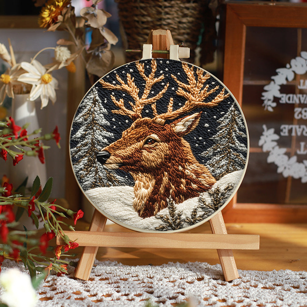 Elk In Forest - DIY Embroidery Cross Stitch Kit with Pattern Cotton Threads Needles Hoop 30x30CM/11.81x11.81in