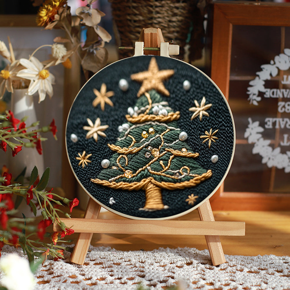 Pearl Christmas Tree - DIY Embroidery Cross Stitch Kit with Pattern Cotton Threads Needles Hoop 30x30CM/11.81x11.81in
