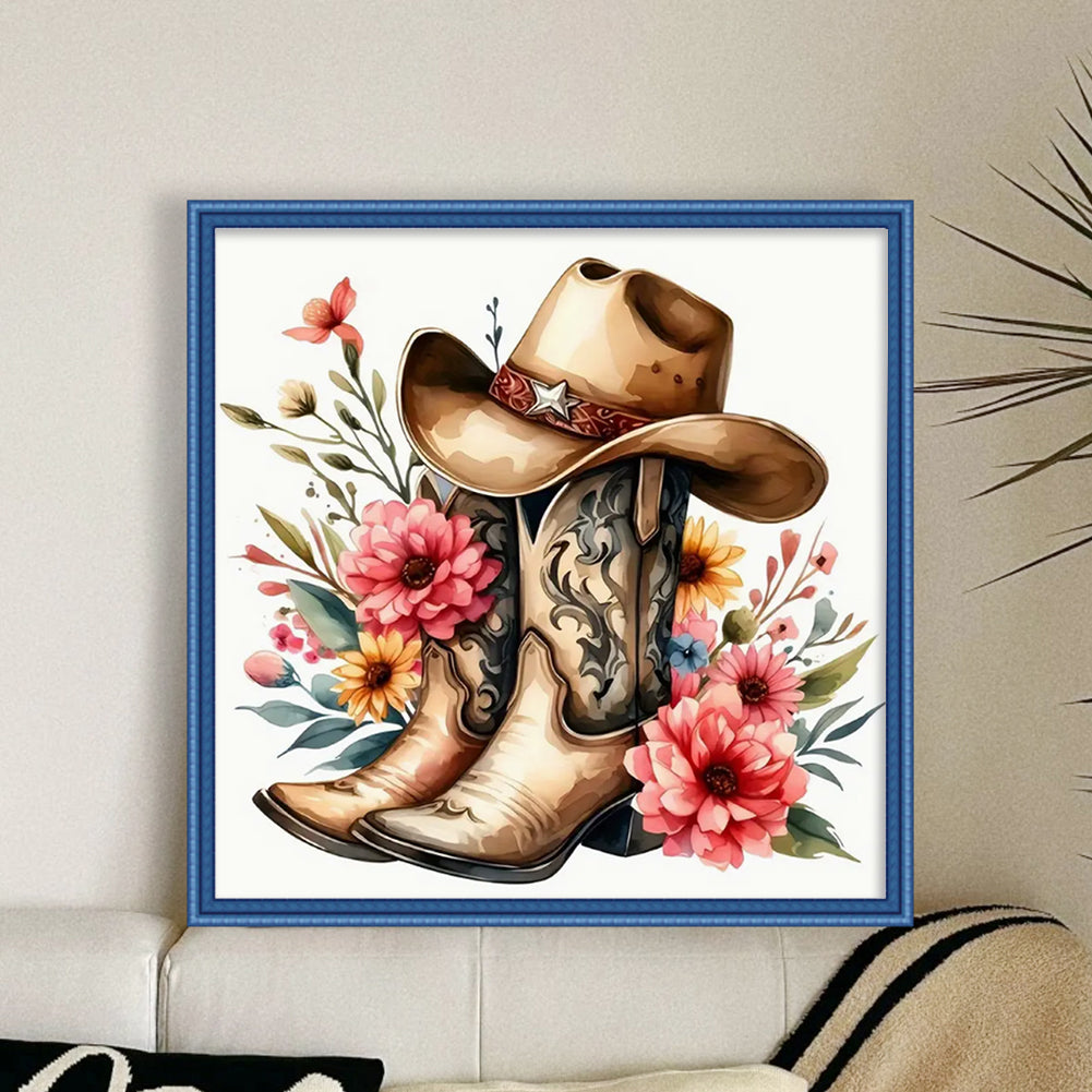 Cowboy Boots With Flowers And Plants - Full 11CT Counted Cross Stitch 40x40CM - Yishu