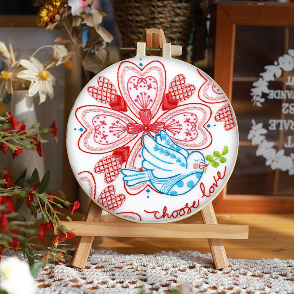 Four-Leaf Clover, Bird & Love Heart - DIY Embroidery Cross Stitch Kit with Pattern Cotton Threads Needles Hoop 30x30CM/11.81x11.81in
