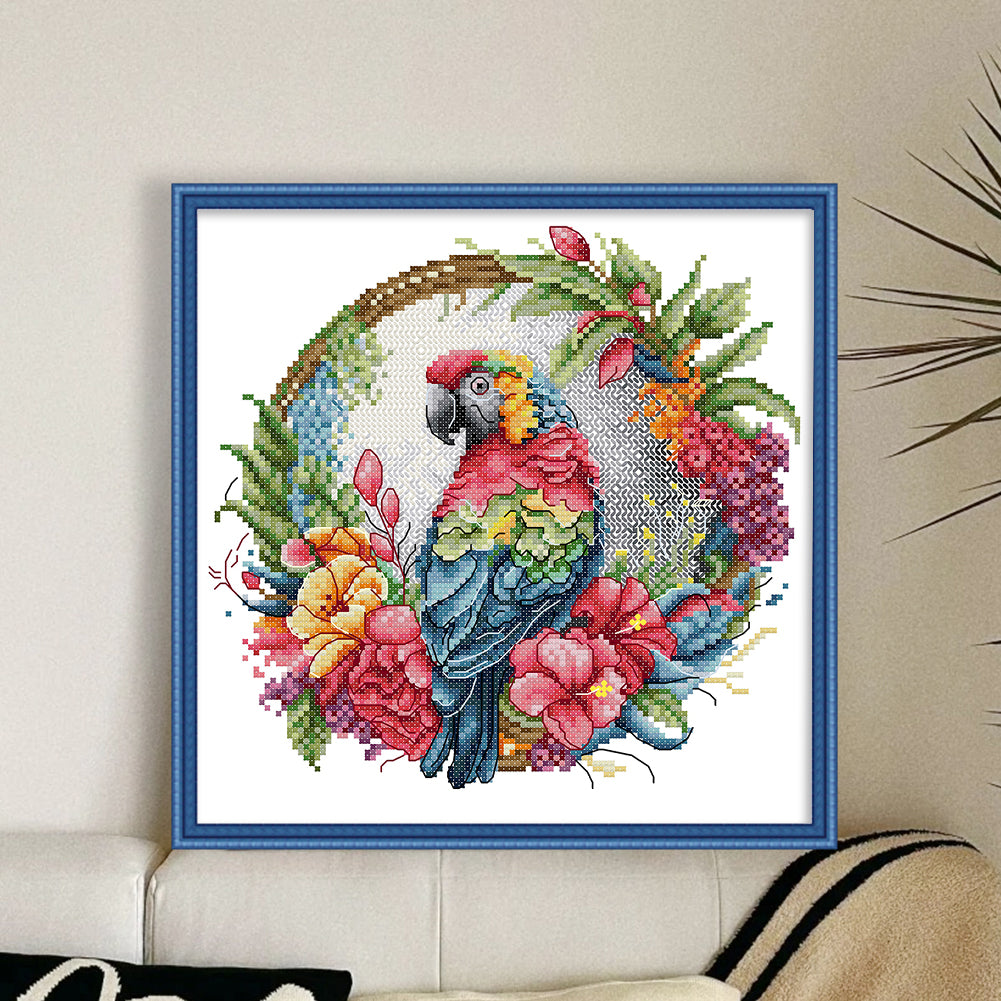 Parrot On Wreath - Partial 14CT Stamped Cross Stitch 27x27CM - Joy Sunday Backstitch