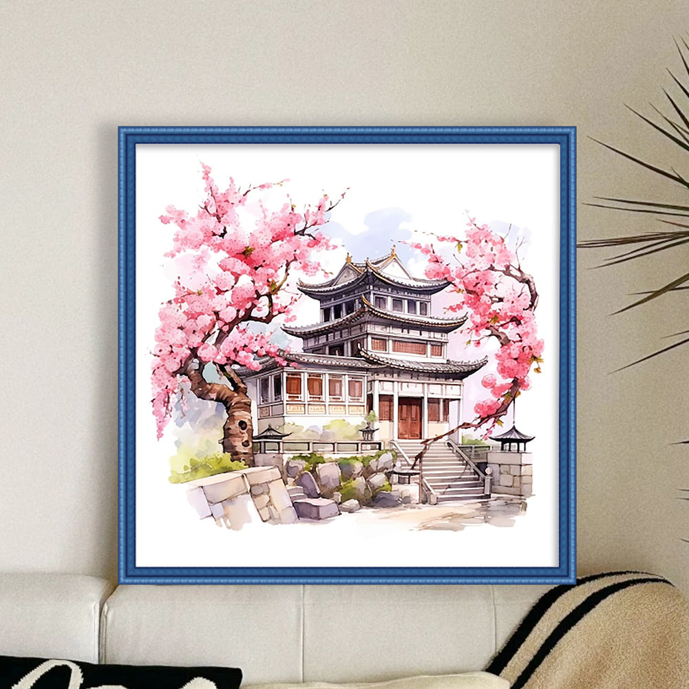 Peach Blossom Pavilion - Full 11CT Stamped Cross Stitch 40x40CM - Huacan