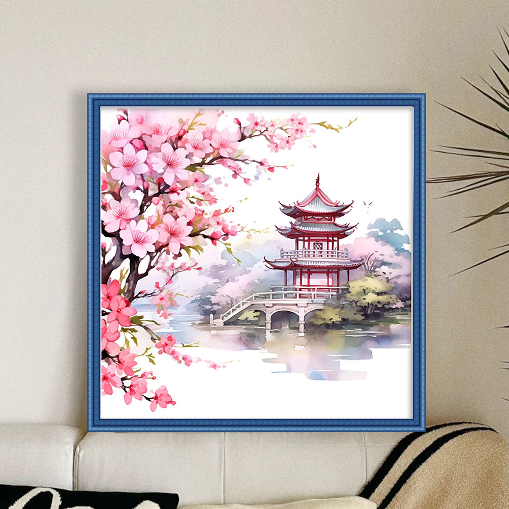 Peach Blossom Pavilion - Full 11CT Stamped Cross Stitch 40x40CM - Huacan