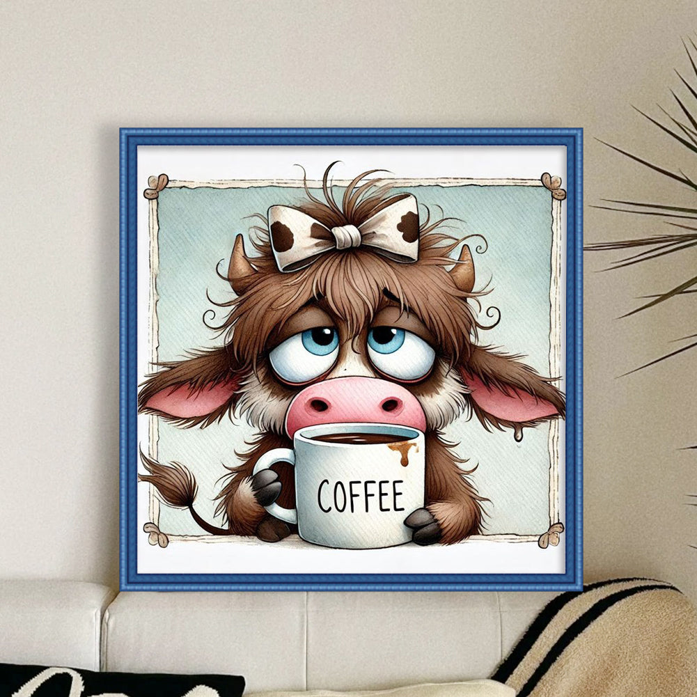 Cow Drinking Coffee - Full 11CT Stamped Cross Stitch 40x40CM - Yishu