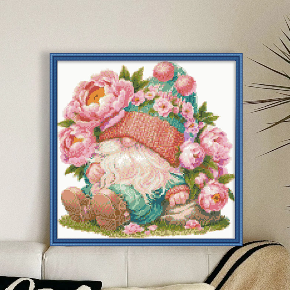 Peony Gnome - Partial 9CT Stamped Cross Stitch - Bead Embroidery 40x40CM/15.75x15.75in