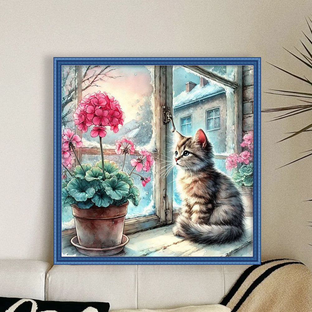 Cat By Window - Full 11CT Stamped Cross Stitch 50x50CM - Yishu
