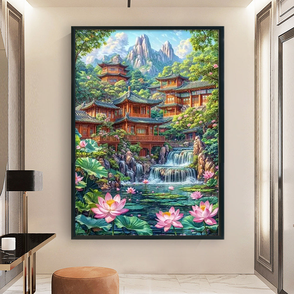 Lotus Pond And Attic - Full 11CT Stamped Cross Stitch 40x60CM - Yishu