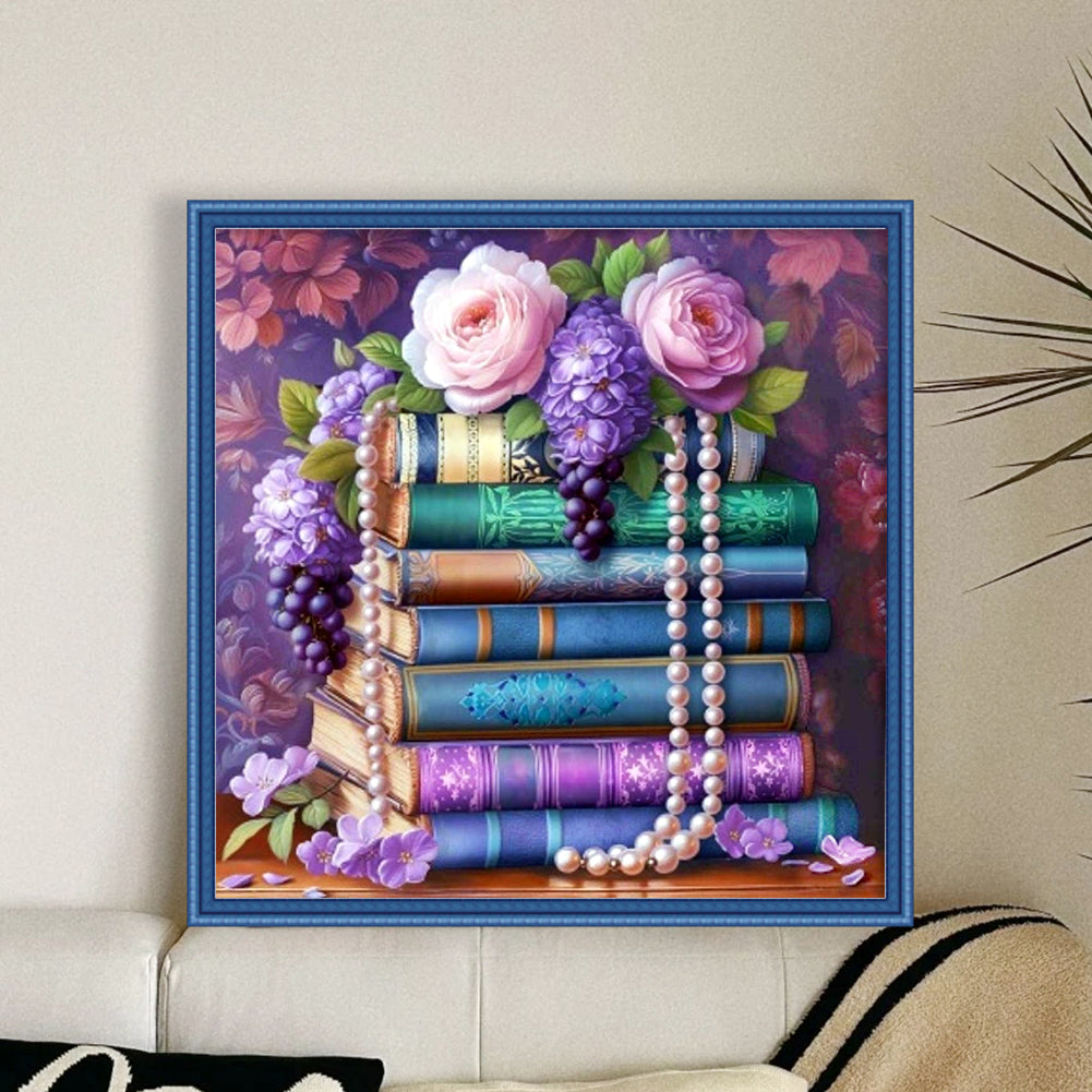 Books And Flowers - Full 11CT Stamped Cross Stitch 45x45CM - Yishu