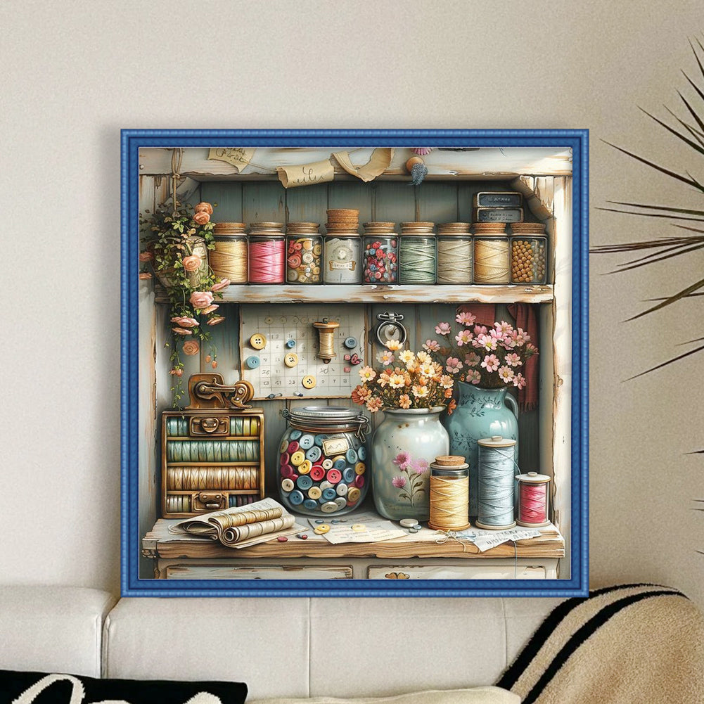 Flowers And Glass Bottle - Full 11CT Stamped Cross Stitch 45x45CM - Yishu