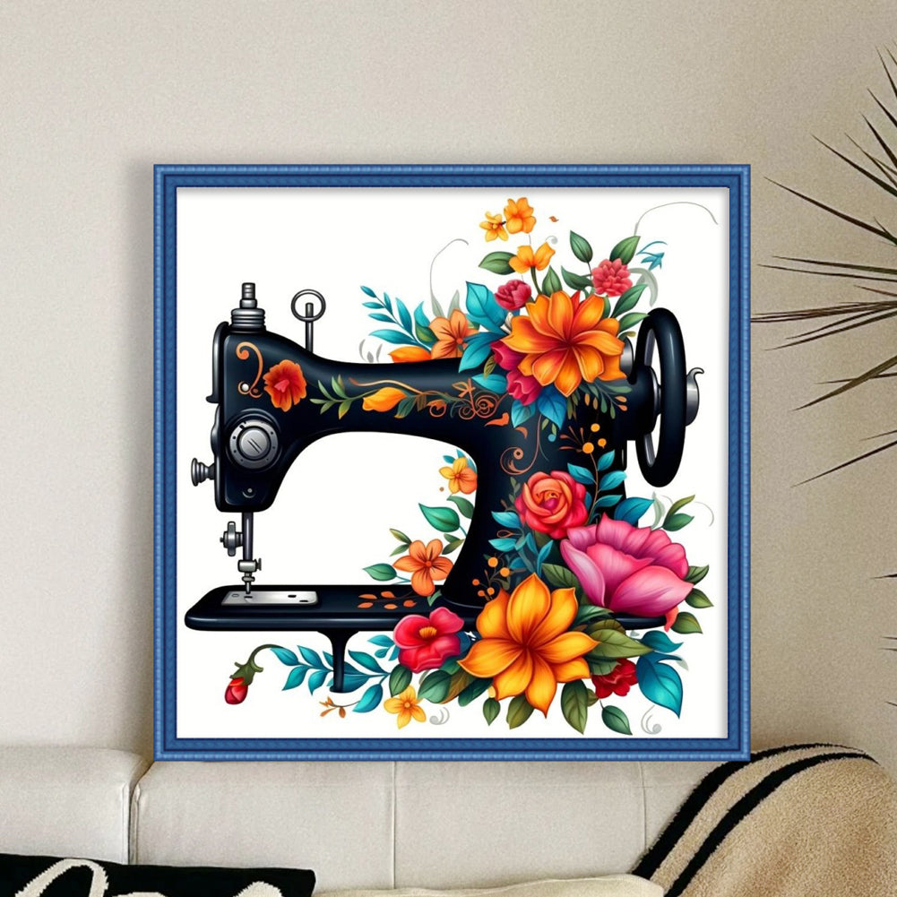 Sewing Machine With Flowers And Plants - Full 14CT Stamped Cross Stitch 40x40CM - Huacan