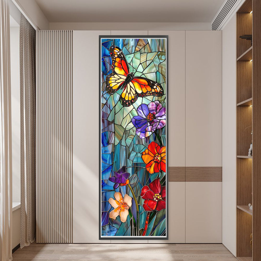 Glass Painting With Butterflies And Plants - Full 11CT Stamped Cross Stitch 30x90CM - Yishu