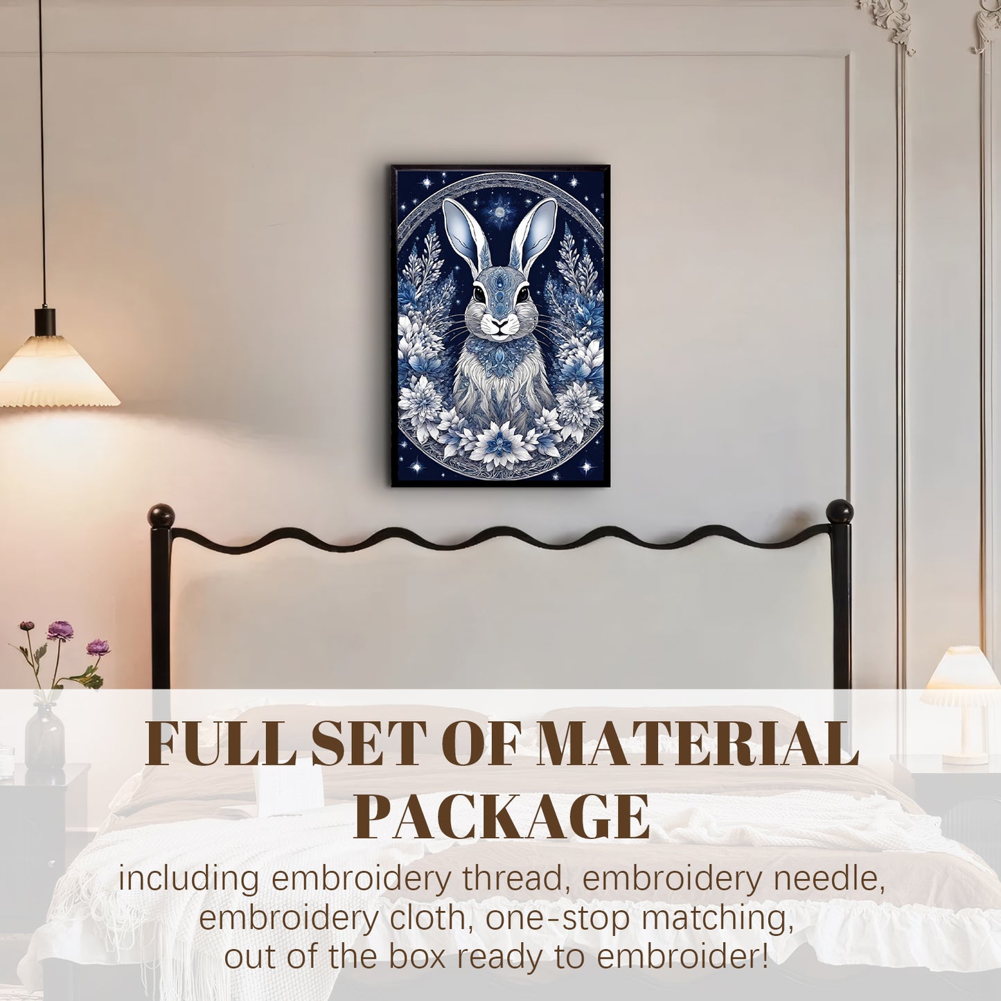 Blue And White Porcelain Rabbit - Full 11CT Stamped Cross Stitch 40x60CM - Huacan