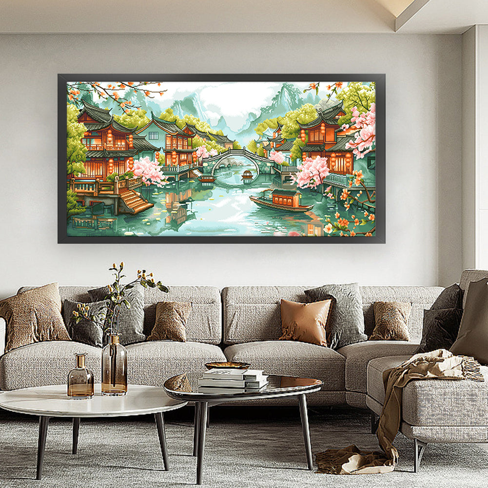 Recall Jiangnan - Full 11CT Stamped Cross Stitch 160x75CM - QiangHongXiu(56Colors )