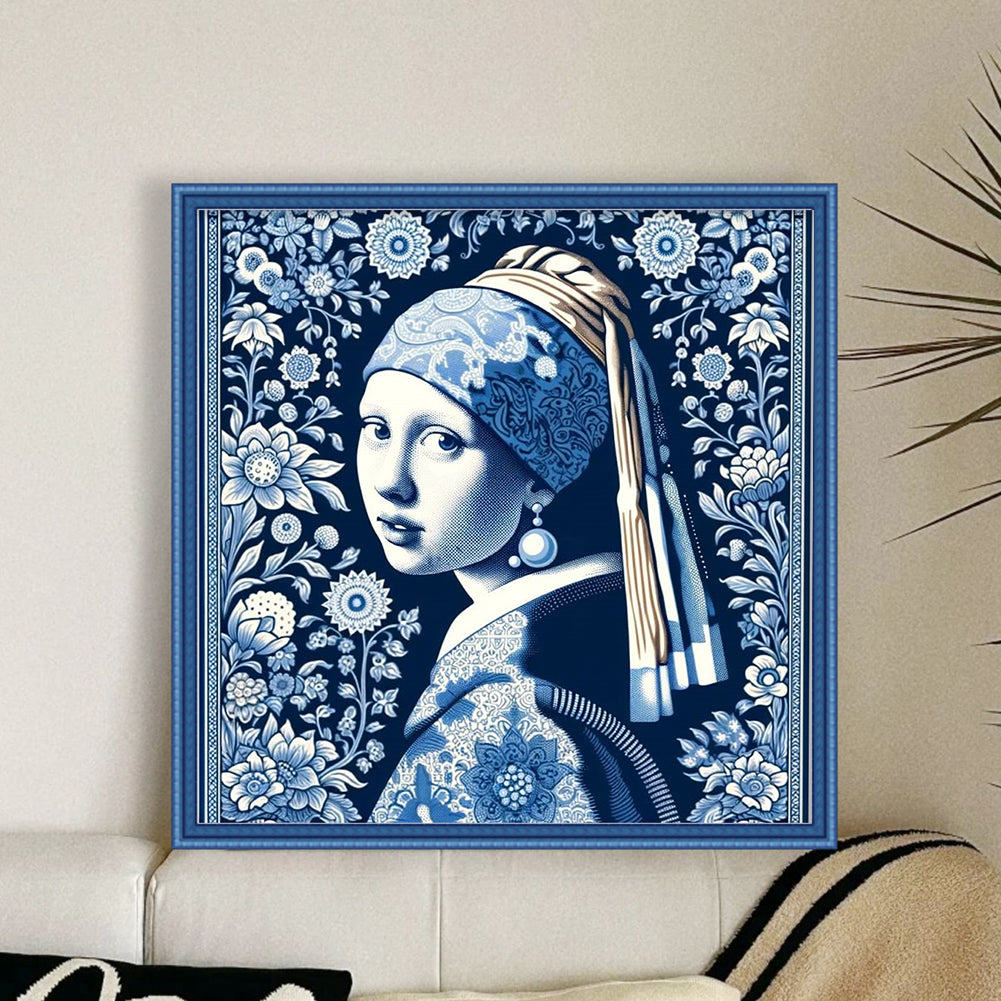 Blue And White Porcelain - Girl With Pearl Earrings - Full 14CT Stamped Cross Stitch 40x40CM - Huacan