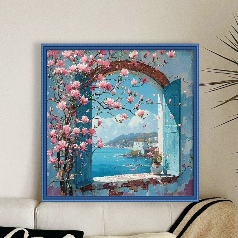 Magnolia By Seaside Window - Full 11CT Stamped Cross Stitch 40x40CM - Yishu