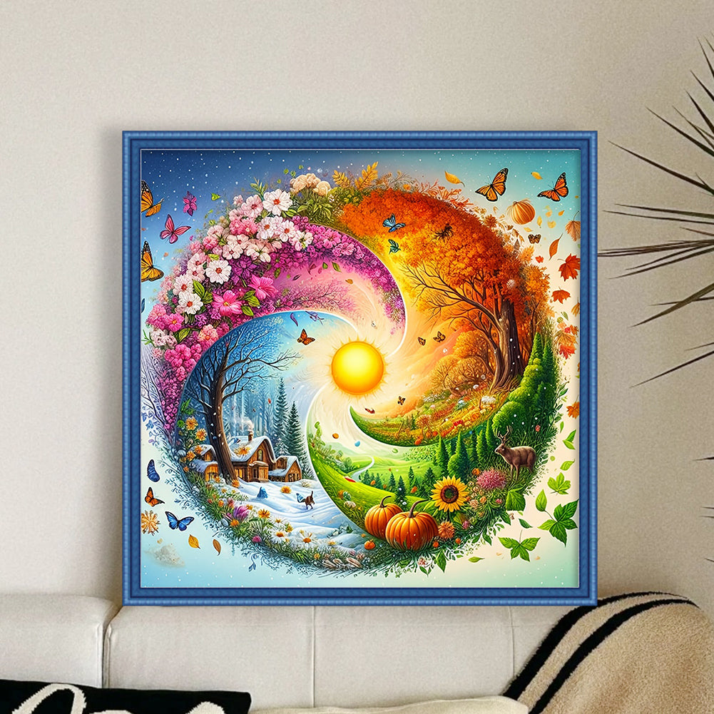 Four Seasons Scenery - Full 11CT Stamped Cross Stitch - Bead Embroidery 46x46CM/18.11x18.11in