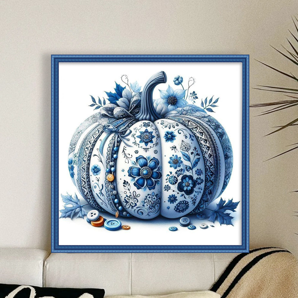 Blue And White Porcelain Pumpkin - Full 14CT Counted Cross Stitch 40x40CM - Yishu