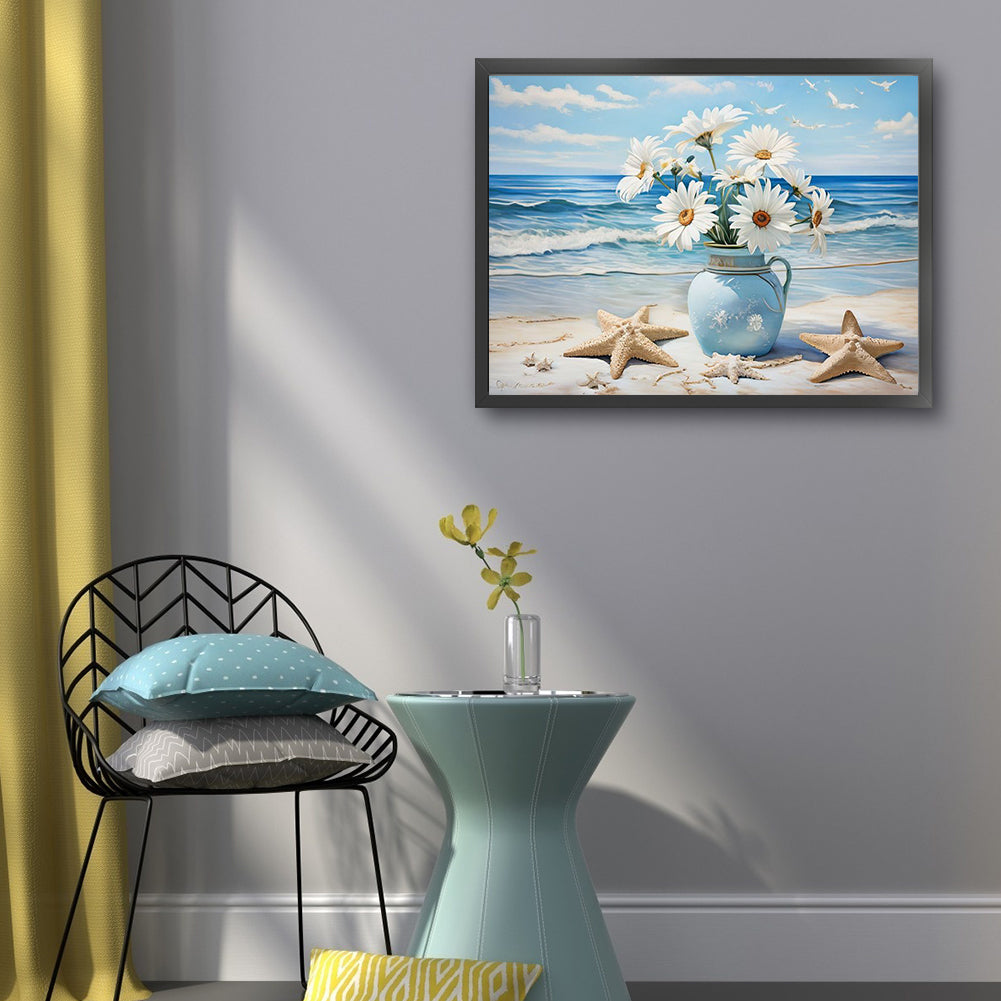 Beach Daisy Vase - Full 11CT Stamped Cross Stitch 50x40CM - Huacan