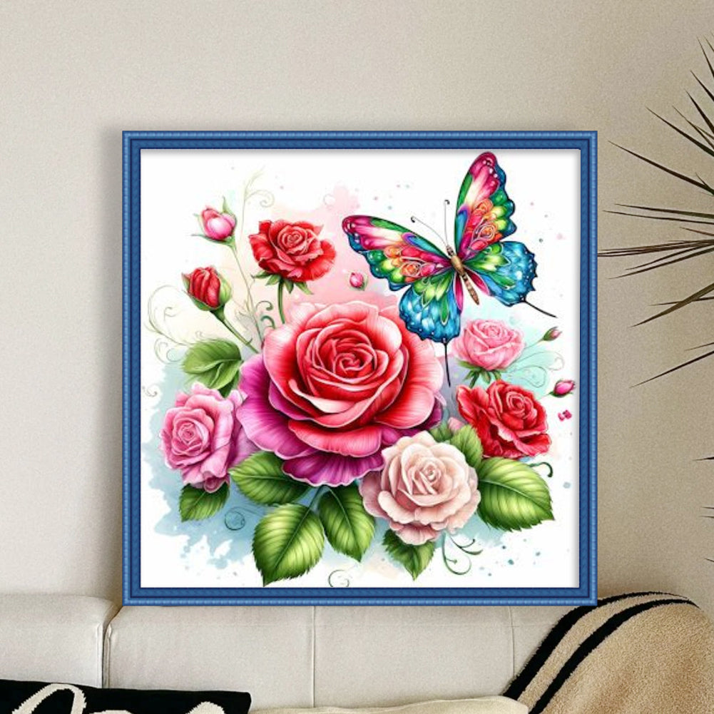 Rose & Butterfly - Partial 11CT Stamped Cross Stitch - Bead Embroidery 36x36CM/14.17x14.17in