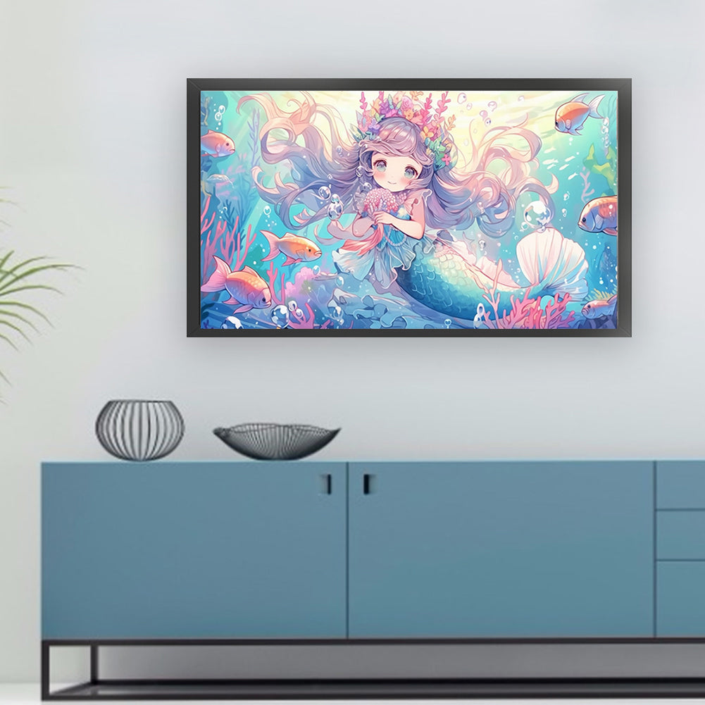 Mermaid And Cute Girl - Full 9CT Stamped Cross Stitch 90x50CM - Mona Lisa