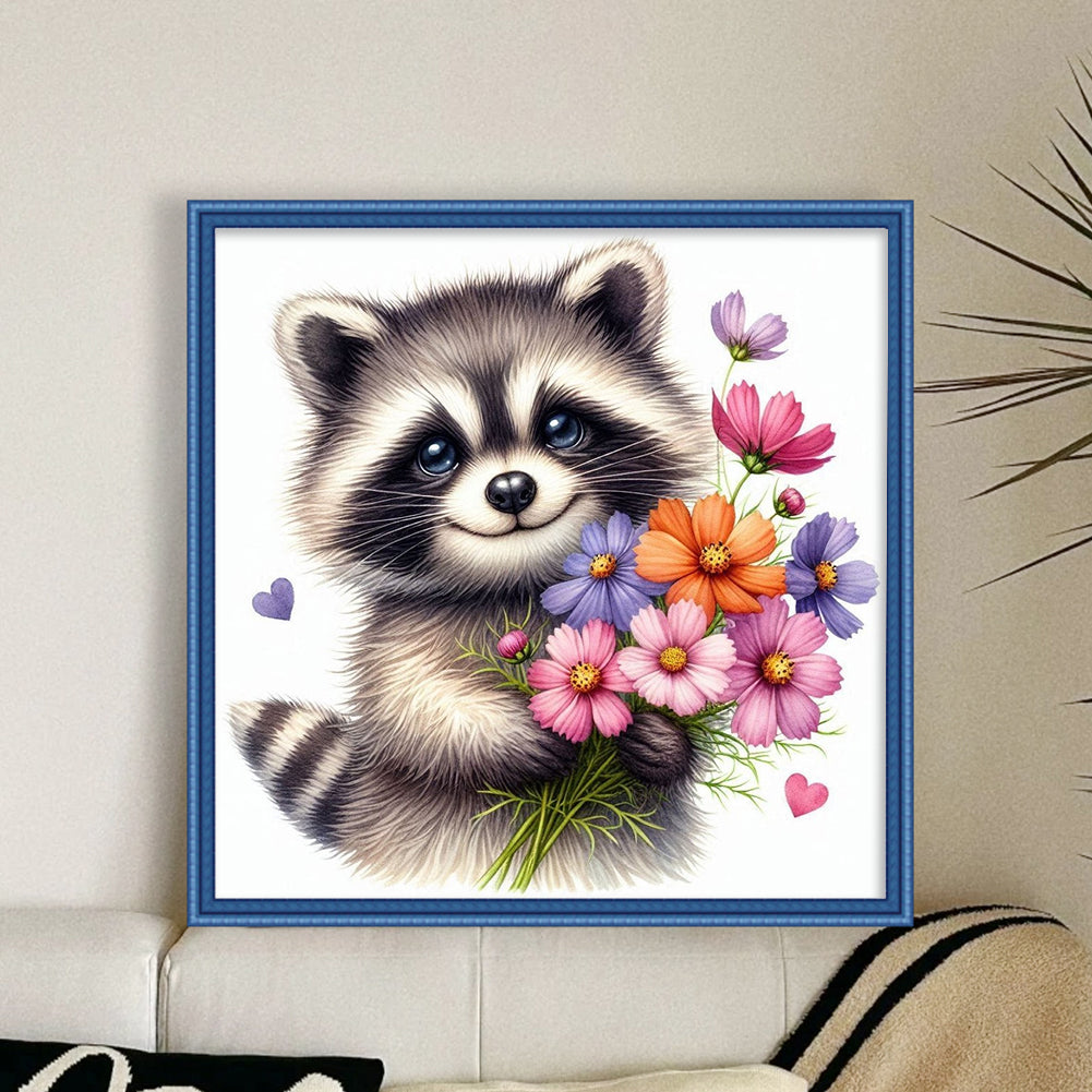 Raccoon - Partial 11CT Stamped Cross Stitch - Bead Embroidery 36x36CM/14.17x14.17in