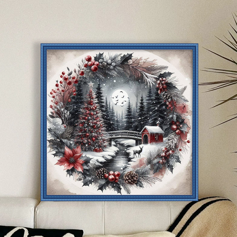Christmas Tree With Wreath - Full 11CT Stamped Cross Stitch 40x40CM - Yishu