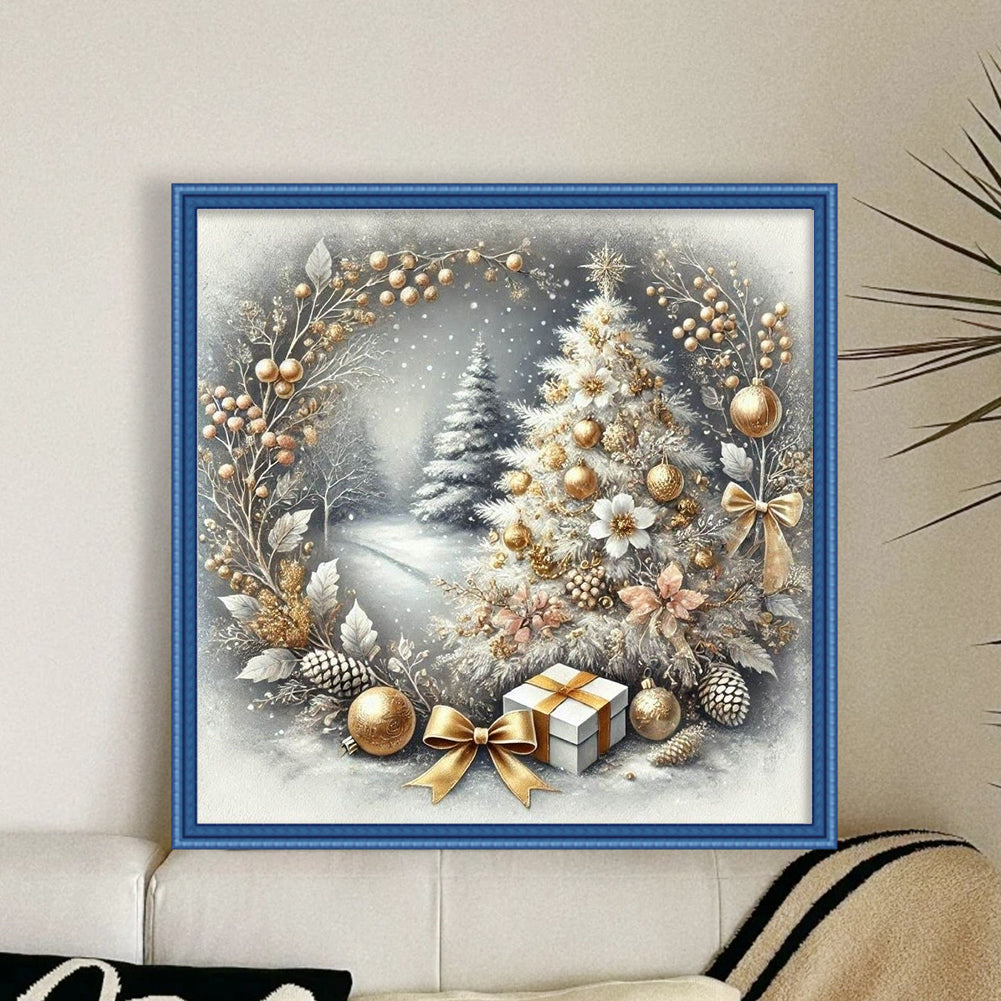 Christmas Tree With Wreath - Full 11CT Stamped Cross Stitch 40x40CM - Yishu
