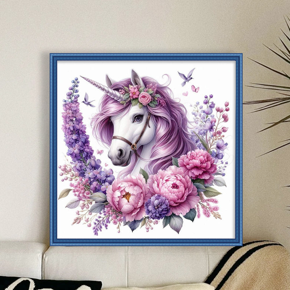 Unicorn With Flowers And Plants - Full 11CT Stamped Cross Stitch 40x40CM - Yishu
