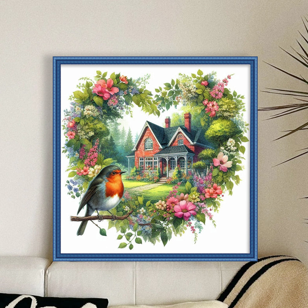 Robin With Loving Flowers - Full 11CT Stamped Cross Stitch 40x40CM - Yishu