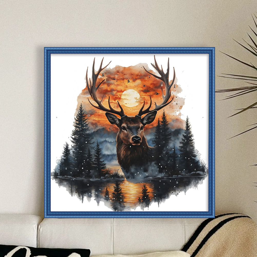 Deer At Sunset - Full 11CT Stamped Cross Stitch 40x40CM - Huacan