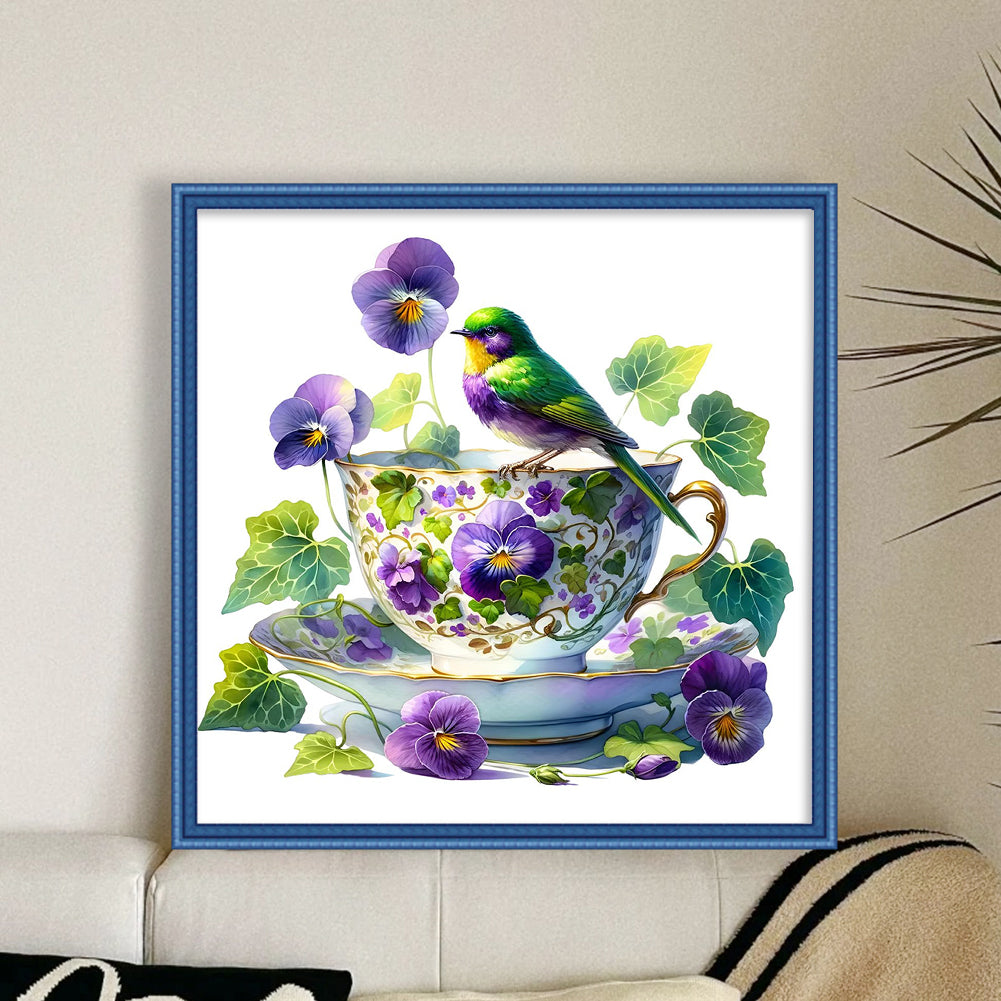 Pansy, Bird And Teacup - Full 14CT Counted Cross Stitch 40x40CM - Yishu