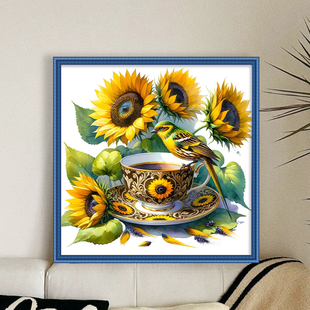 Sunflower, Bird And Teacup - Full 14CT Counted Cross Stitch 40x40CM - Yishu
