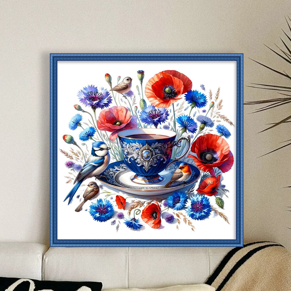 Poppy, Bird And Teacup - Full 14CT Counted Cross Stitch 40x40CM - Yishu