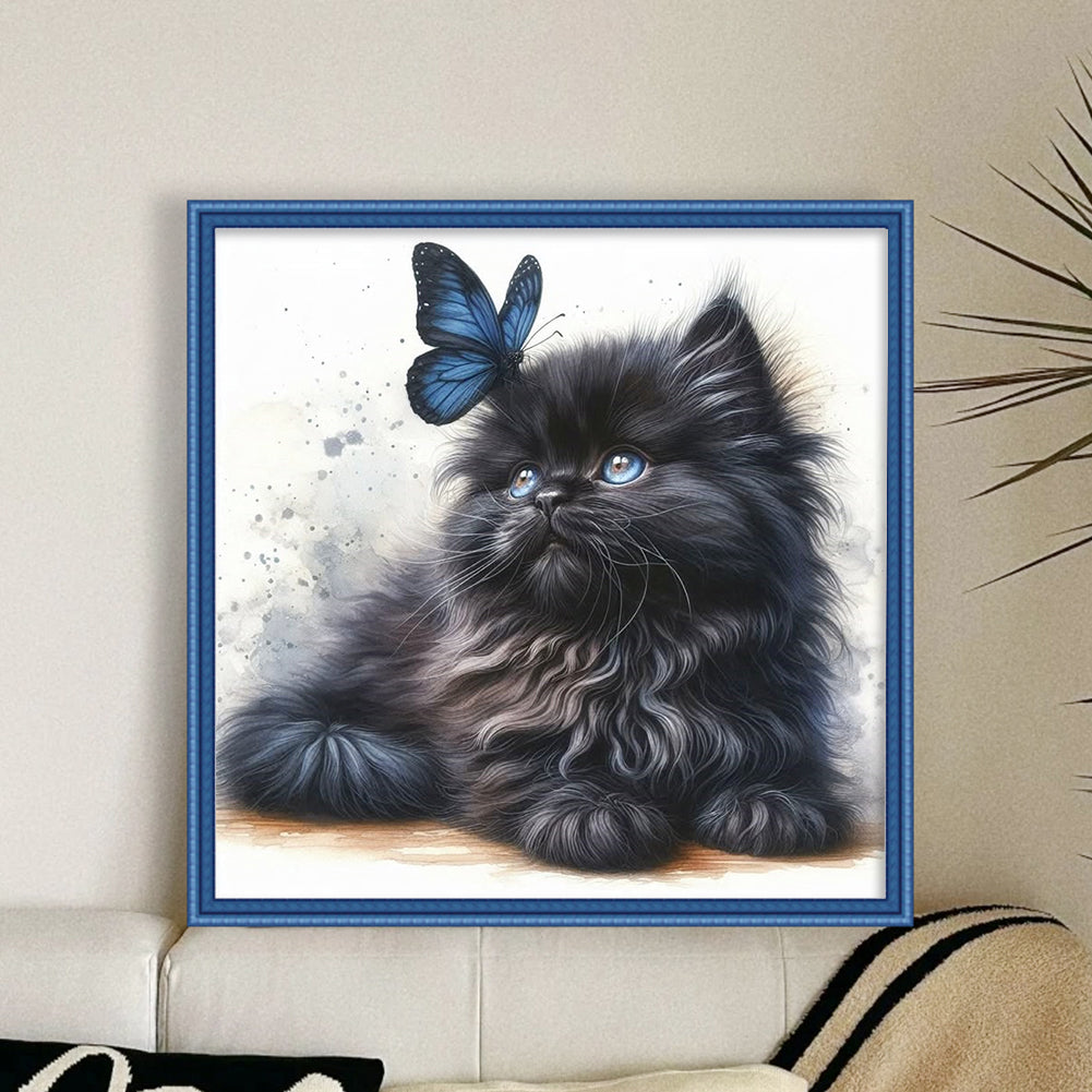 Butterfly And Black Cat - Full 18CT Stamped Cross Stitch 25x25CM - Huacan