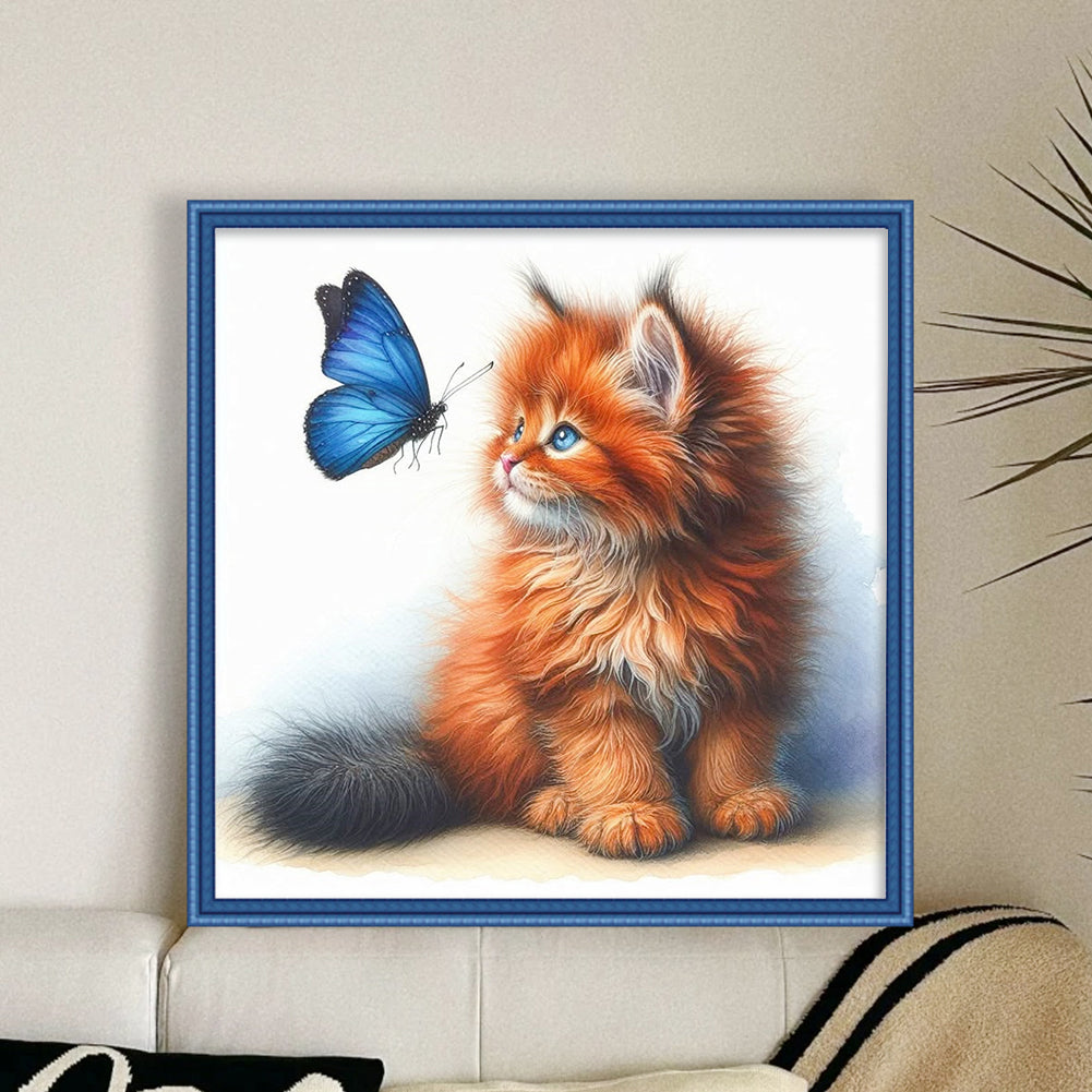 Butterfly And Orange Cat - Full 18CT Stamped Cross Stitch 25x25CM - Huacan