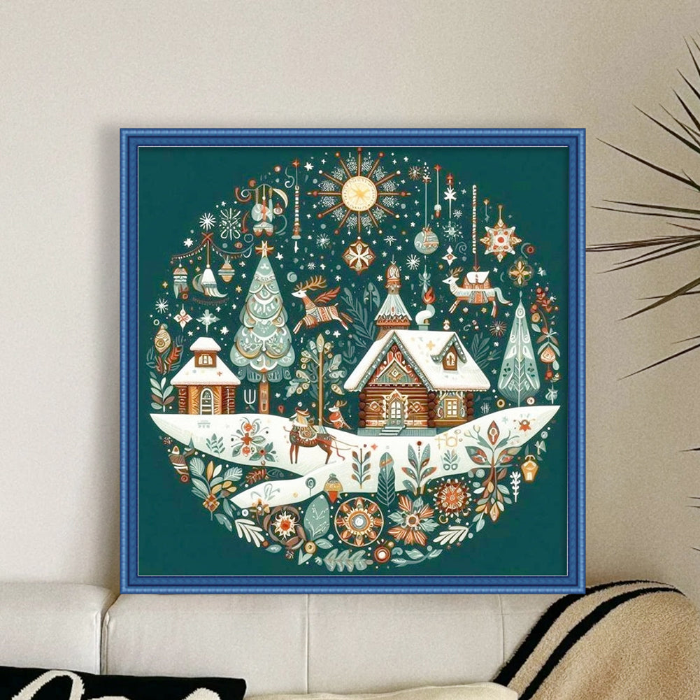 Christmas Wooden Cabin - Full 14CT Stamped Cross Stitch 40x40CM - Huacan