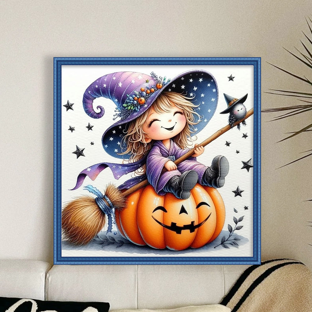 Halloween Witch And Pumpkin - Full 11CT Stamped Cross Stitch 40x40CM - Yishu