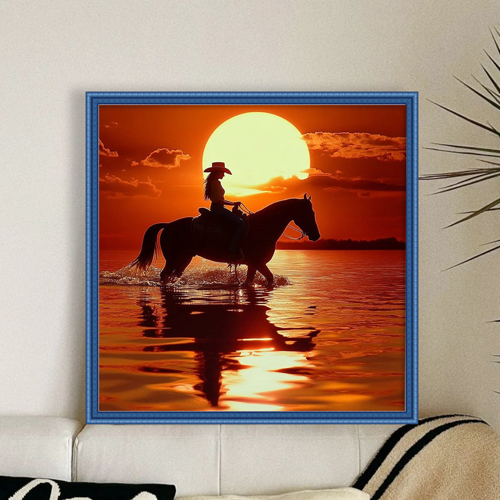 Girl Riding Horse At Sunset - Full 11CT Stamped Cross Stitch 40x40CM - Yishu