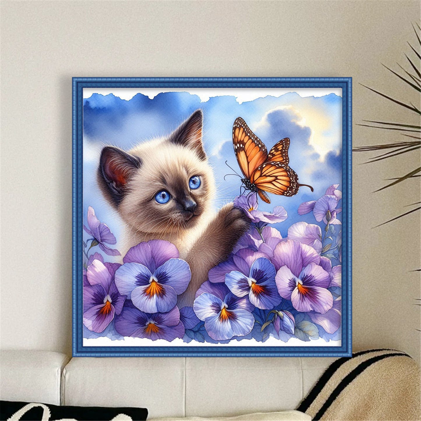 Siamese Cat With Pansy - Full 11CT Stamped Cross Stitch 40x40CM - Huacan