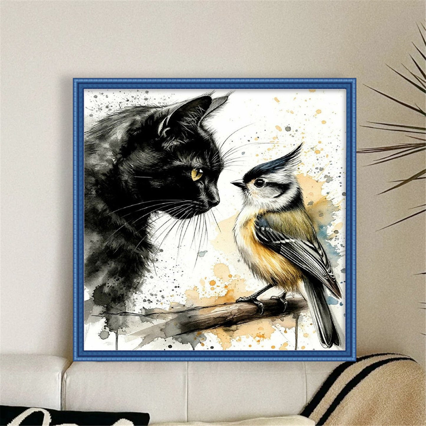 Black Cat And Bird - Full 11CT Stamped Cross Stitch 40x40CM - Huacan