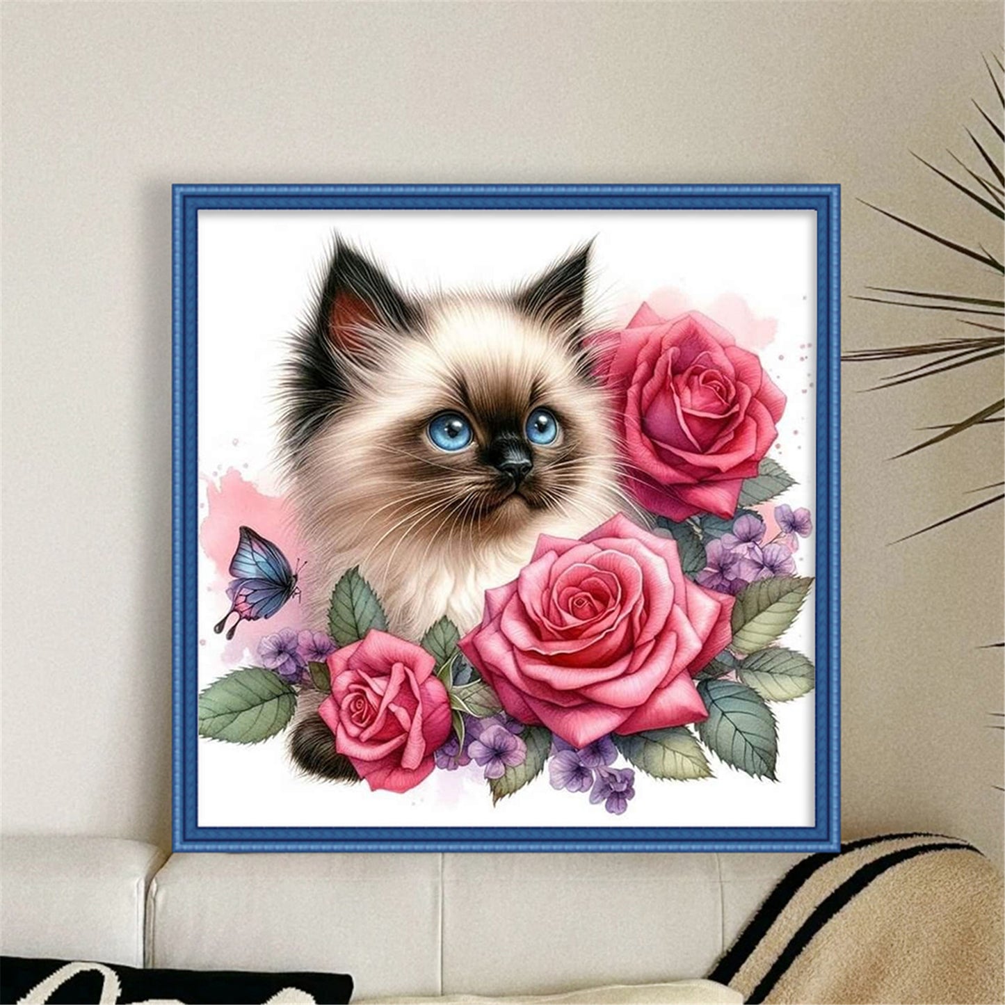 Siamese Cat With Rose - Full 11CT Stamped Cross Stitch 40x40CM - Huacan