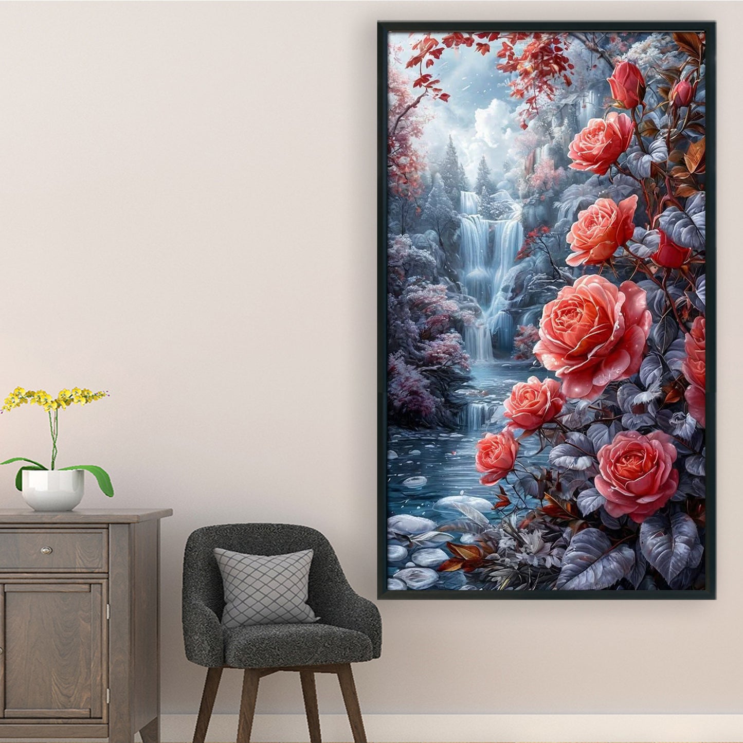 Waterfall And Flowers - Full 11CT Stamped Cross Stitch 40x70CM - Huacan